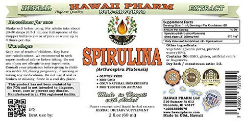 Extrato Líquido de Spirulina Sem Álcool, Spirulina Orgânica (Arthrospira platensis) Alga Seca Glicerina Herbal Natural, EUA 2×2 ml - Hawaii Pharm