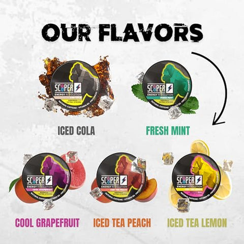 SCOOPER ENERGY - I 5 latas I Tudo em uma caixa I Sachês de Energia sem açúcar I 80 mg de cafeína natural I Pacote com todos os sabores I 12 sachês I Uva Refrescante, Hortelã Fresca, Cola Gelada, Pêssego Gelado