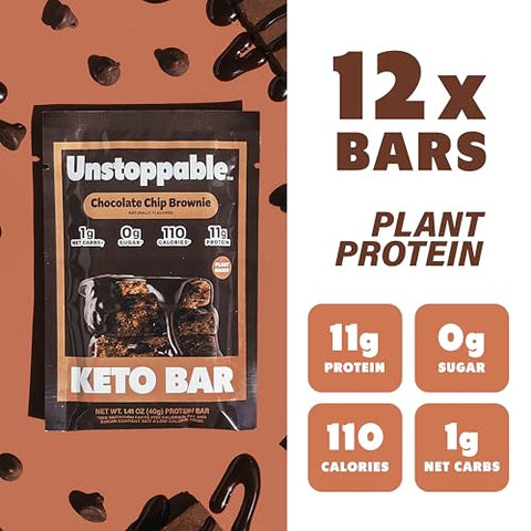 Unstoppable Foods - Barras de Proteína Keto Zero Açúcar UNSTOPPABLE – Chocolate Chip Brownie – Pack com 12 Barras Energéticas – Barras de Proteína Low Carb – Snacks de Baixa Caloria – Alta Fibra, Amigáveis para Diabéticos, Sem Glúten