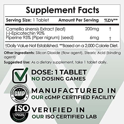 Comprimidos de Epicatequina | 200mg | Extrato de Chá Verde | 90 Unidades | (-)-epicatequina 6mg Piperina para Promover Bioacessibilidade | Promove Saúde Cardiovascular e Muscular - Nootropics Depot