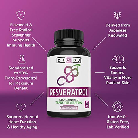 ZHOU - Zhou Resveratrol | Envelhecimento Saudável, Sistema Imunológico | 60 cápsulas, 500mg