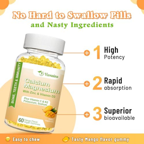 VZOXAINS - Gomas de Cálcio de Alta Absorção, Sem Açúcar, Suplemento de Cálcio e Magnésio com Vitamina D3 K2 para os Ossos