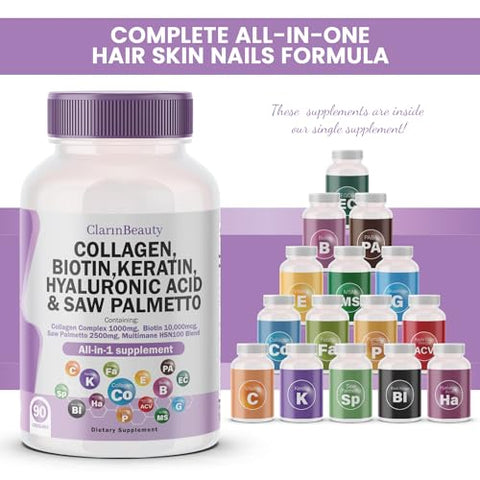 ClarinBeauty - Pílulas de Colágeno 100%% Natural 1000mg Biotina 10000mcg Queratina Saw Palmetto 2500mg Ácido Hialurônico