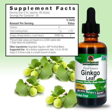 Nature's Answer - Nature’s Answer Extrato de Folha de Ginkgo Biloba Sem Álcool, 60 ml, 2 Unidades | Suporte para um Cérebro Saudável | Promove a Função Cognitiva | Aumenta a Clareza Mental | Auxílio Natural para Concentração