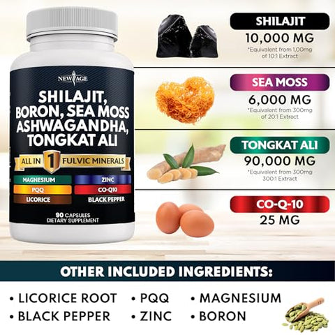 Shilajit 10,000mg com Sea Moss 6000mg, Ashwagandha 6000mg, Tongkat Ali, Boron, Magnésio – Cápsulas de Ácido Fúlvico para Homens – 180 Unidades - NEW AGE