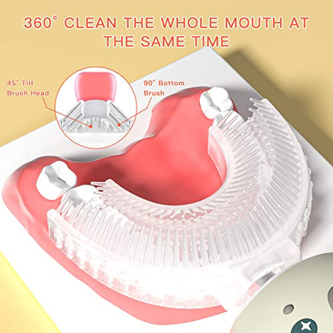 ELOTAME - Escova de Dentes Elétrica em Formato de U para Crianças com Desenhos Animados, 4 Cabeças de Escova, Limpeza Completa de 360 Graus, Escova de Dentes Automática Sônica à Prova d’Água IPX7 (Cinza com Copo, 8-15 Anos)