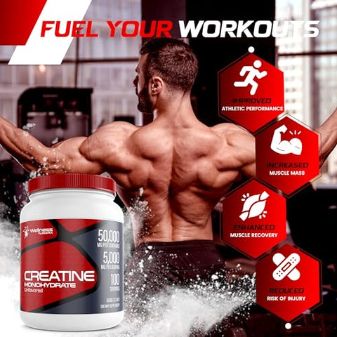 WELLNESS LABSRX - Creatina em Pó Monohidratada – 5000mg, (500g) 100 Porções, Creatina Micronizada para Homens, Suplemento para Crescimento e Recuperação Muscular, Performance Aumentada
