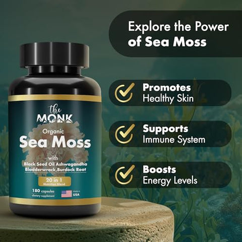 THE MONK - Cápsulas de Musgo do Mar Irlandês Orgânico – Fórmula Avançada, Suplemento de Musgo Selvagem Cru com Alga Marinha e Raiz de Bardana – 180 Comprimidos Veganos – Fabricado nos EUA