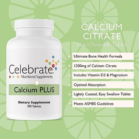 Celebrate Bariatric Supplements - Celebrate Vitamins – Comprimido não mastigável de Citrato de Cálcio Plus com Vitamina D3 e Magnésio, 1200mg, Sem Açúcar