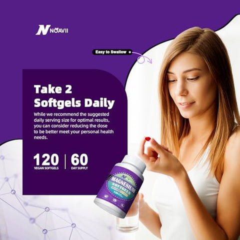 NOAVII - Magnésio Glycinate 400mg com D3 – Cápsulas Softgels de Fácil Absorção