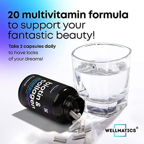 Wellmatics - Biotina e Colágeno – Vitaminas para Crescimento Capilar – Fabricado nos EUA – Vitaminas para Cabelo e Unhas para Mulheres – Vitaminas de Biotina para Cabelo, Pele e Unhas – Complexo de Vitamina B – 60 cápsulas