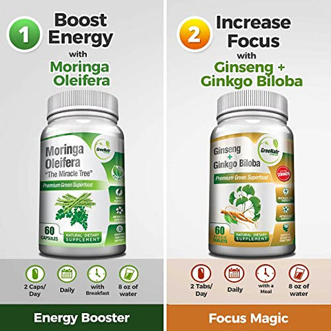 GreeNatr - Ginkgo Biloba, Panax Ginseng e Moringa – Kit de Cápsulas para Suporte Imunológico e Energia – Concentração e Foco