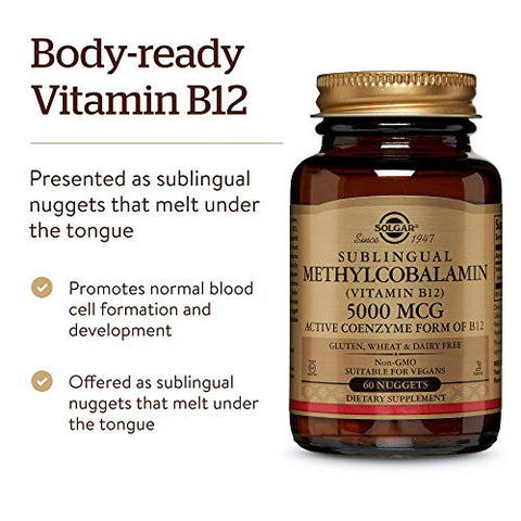 SOLGAR - Solgar Methylcobalamin Vitamina B12 5000 mcg – Suporte Energético, Forma Ativa de B12, Não-OGM, Vegano, Sem Glúten