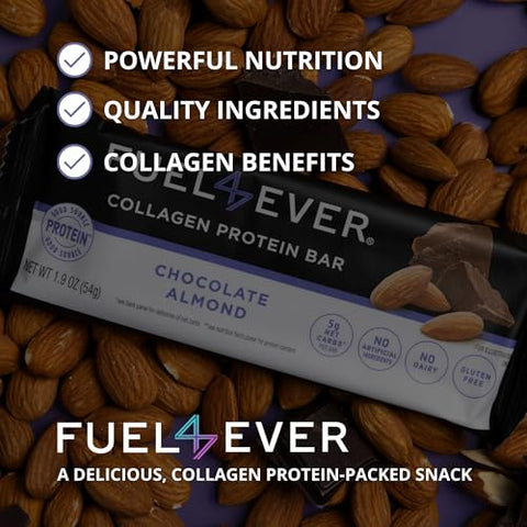 Fuel 4 Ever - Fuel4Ever Barras de Proteína de Colágeno | 14g de Proteína, Sem Glúten, Sem Laticínios, Sem Açúcar ou Ingredientes Artificiais Adicionados | Caixa com 12 Barras de Sabor Chocolate Amêndoa