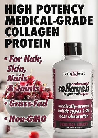 AminoSculpt Colágeno Líquido – 30 ml – 18 g de Colágeno Líquido de Grau Médico Premium para Mulheres – Original Cereja - HEALTH DIRECT