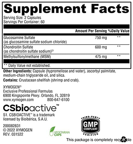SynovX Recovery – Suporte Articular para Estrutura e Função Saudáveis – Cápsulas de MSM Glucosamina Condroitina para Suporte a Tecidos, Cartilagens Saudáveis – 60 cápsulas - XYMOGEN