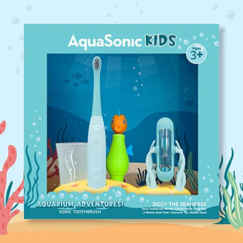 Escova de Dentes Elétrica Aquasonic Kids Sonic para Crianças de 3 Anos | 2 Cabeças de Escova, Brinquedo, Temporizador, Copo de Enxágue | 2 Modos de Escovação: Limpeza