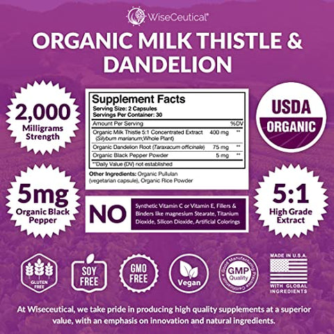 Wiseceutical - Leite de Cardo Orgânico USDA de Máxima Absorção – Extrato Concentrado 5:1 Potente (2000mg de Força)
