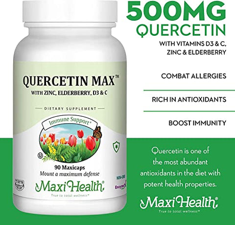 Quercetin 500mg com Zinco 30mg, Vitamina C 1000mg, Vitamina D 2500 UI, Sabugueiro 125mg – Suplemento Vegetariano para Adultos Certificado Kosher – 90 Cápsulas Vegetais - Maxi Health