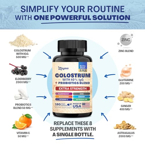 Cápsulas de Colostro Bovino, 40%% IgG, Probióticos, Sabugueiro, L-Glutamina, Astrágalo, Vitamina C, Gengibre, Zinco (180 cápsulas) - Zoyava