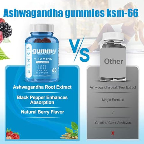 Flostmourne - Ashwagandha Gummies Vegan – 60 Unidades – Mixed Berry, KSM-66 – Sem Glúten, Não-OGM – Base Vegetal – 60g