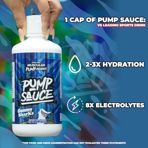 Pump Sauce - Pré-Treino – 946 ml, Tubarões de Goma, Sem Cafeína, Líquido de Espectro Completo, Sem Glúten, Vegano, Zero Açúcar