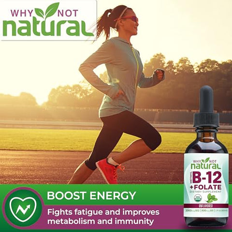 Why Not Natural - Vitamina B12 Líquida Natural Plus Folate – Gotas Veganas Sublinguais Extra Fortes – Methyl B12 e Folinato – Orgânico