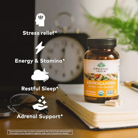 Ashwagandha Capsules – Suplemento Orgânico de Ashwagandha – Raiz de Ashwagandha Vegana, Sem Glúten, Kosher, Não-OGM, Suporta Alívio do Estresse, Energia e Sono – 180 Cápsulas - ORGANIC INDIA