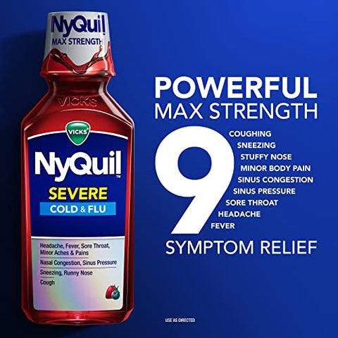 NyQuil SEVERE – Remédio para Gripe, Resfriado e Congestão, 2×360 ml, Sabor de Frutas Vermelhas, Máxima Potência, Alívio Noturno - Vicks