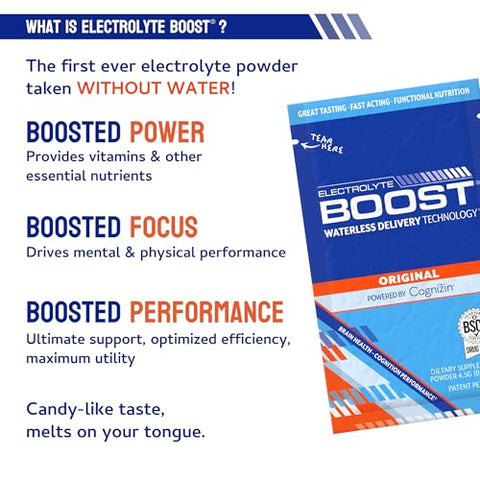 ELECTROLYTE BOOST - Pacotes de Pó de Eletrólitos com Cognizin – Hidratação sem Água, Suplemento para Prolongar a Hidratação, Sem Açúcar, Sem Stevia, Sem Cafeína, Não Requer Água, Dissolve na Boca, 14 Pacotes