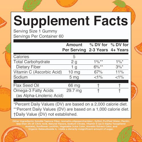 Gomas Veganas de Ômega 3 para Crianças 2, Suprimento de 2 Meses, Sem Açúcar, Suplemento de Ômega 3 com Vitamina C, Óleo de Linhaça, Suporte Imunológico, Nutriente Essencial ALA, Sem Peixe - MaryRuth Organics