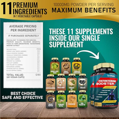 Tenmido - 2 Pacotes de 60 cápsulas de Suplemento Estimulante de Testosterona para Homens, Equivalente a 10000mg – Resistência Natural, Energia Duradoura