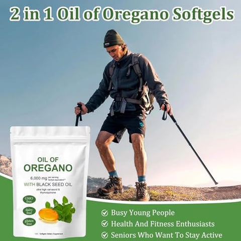 podafu - Óleo de Orégano Softgels 2 em 1, Cápsulas de Óleo de Orégano Orgânico, 6000 mg de Óleo de Orégano e 200 mg de Óleo de Semente de Nigela, Não-OGM