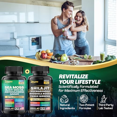 Dynamic Vitality Bundle: Sea Moss e Shilajit, Sea Moss 7000mg, Óleo de Semente Negra 4000mg, Ashwagandha 2000mg, Gengibre - Zoyava