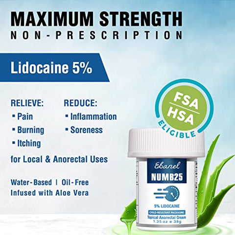 Creme Anestésico Lidocaína 5%%, Alívio da Dor, Queimaduras e Coceiras, Numb25 Creme Anestésico Tópico de Lidocaína com Vitamina E para Uso Local e Anal - Ebanel