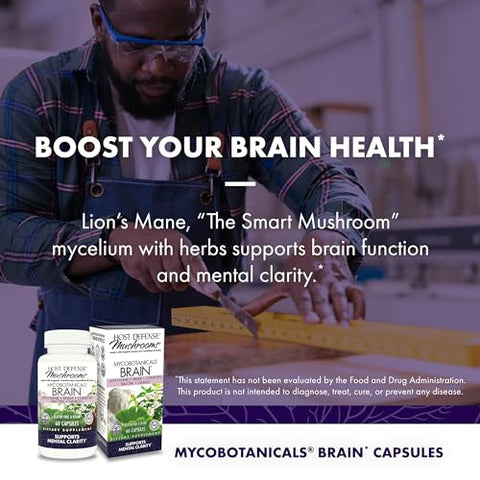 MycoBotanicals Brain* Cápsulas – Suporte Cerebral com Lion’s Mane e Reishi | 60 cápsulas  Host Defense - Host Defense