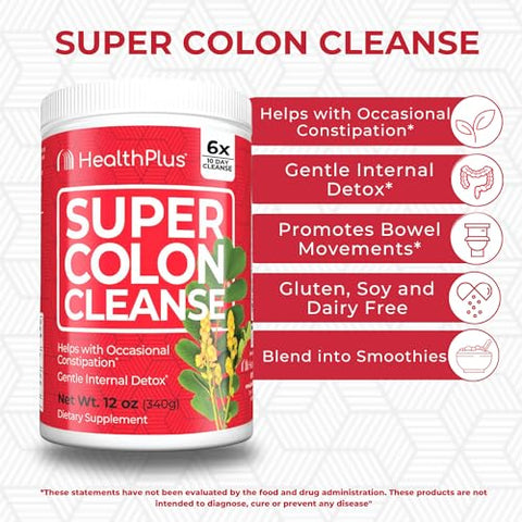 Super Colon Cleanse: Pó de 12 oz (340g), 68 Porções – Desintoxicação Natural, Alívio da Constipação Digestiva, Limpeza Suave do Intestino com Casca de Psyllium - Health Plus