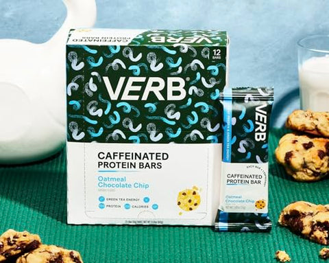 Verb Caffeinated Energy Bar - Verb Energy – Barra de Proteína Cafeinada de Aveia com Gotas de Chocolate – 190 Calorias 6g Açúcar 10g Proteína – Snacks Veganos – Barras de Café da Manhã Sem Glúten com Chá Verde Orgânico, 49g