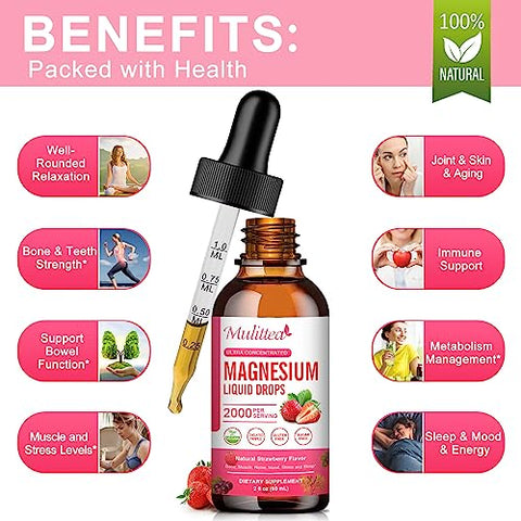 Mulittea - (2 Pacotes) Magnésio Glicinato Líquido, 1000mg com Alta Potência de Magnésio Glicinato 500mg, Citrato 500mg, Sem Açúcar, Vegano, Complexo Suplementar Não-OGM Promove