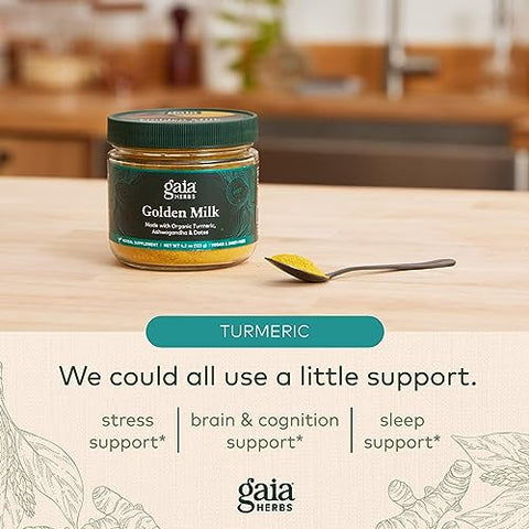Golden Milk em Pó – Cúrcuma Orgânica, Pimenta Preta, Ashwagandha, Tâmaras, Cardamomo e Baunilha para uma Xícara de Calma Natural Ayurvédica – 100g - Gaia Herbs