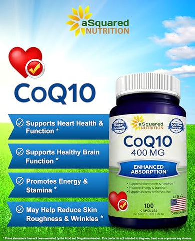 CoQ10 400mg – 100 Cápsulas Vegetais – Alta Absorção – Pó de Coenzima Q10 – Suplemento Ubiquinona – Extra Antioxidante CO Q-10 – Vitamina Enzima – Marca aSquared Nutrition - aSquared Nutrition