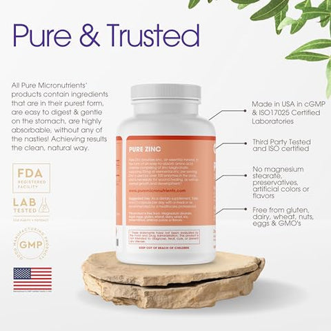 Pure Micronutrients - Suplemento de Zinco Puro, Suplementos Naturais de Glicinato de Zinco, (Quelado) 25mg, 120 –