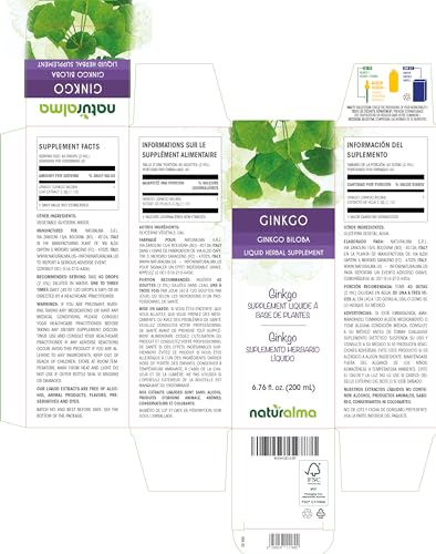 Ginkgo Biloba – Tintura sem álcool de folha – Extrato líquido de 200 ml em gotas – Vegano - Naturalma