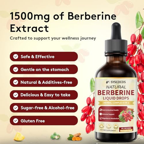 SYSCOCOS - Berberine Líquido 8 em 1 – 118 ml Suplemento Orgânico Berberine HCL Complexo com Cúrcuma, Melão Amargo, Cardo de Leite, Canela do Ceilão para Imunidade, 98%