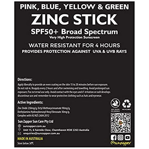Protetor Solar Mineral Sun Zapper Stick (Rosa, Azul, Verde, Amarelo) FPS 50 Resistente à Água para o Rosto – 50g