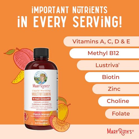 MaryRuth Organics - MaryRuth’s Lustriva® Hair Growth Liquid Multivitamin | Biotin 10000mcg | Vitamina D | Vitaminas do Complexo B | Testado Clinicamente para Cabelos Mais Espessos, Rugas, Linhas Finas, Cuidados com a Pele |