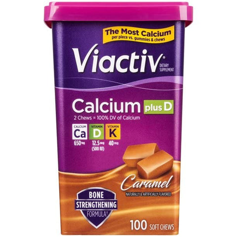 Cálcio + D, Soft Chews, Caramelo – 100 unidades, Pacote com 5 – Comprimidos mastigáveis macios para fortalecer ossos e dentes - Viactiv