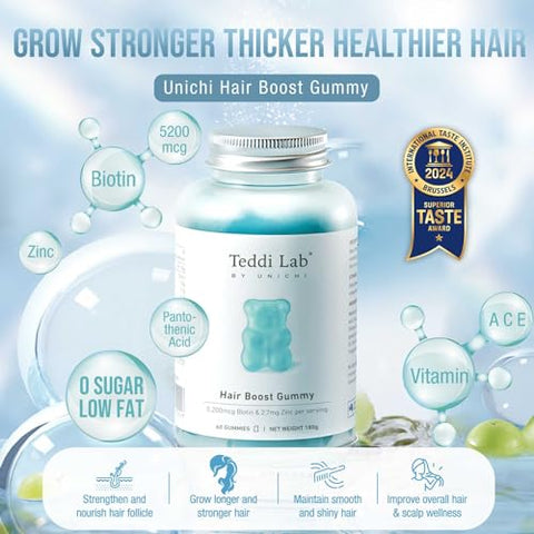 Hair Boost Gummy 3-Pack: Fórmula com 5200mcg de Biotina, Zinco, Ácido Pantotênico e Vitaminas A, C, E para Cabelos Mais Fortes e Mais Espessos, Sabor Delicioso com Sal Marinho - Unichi