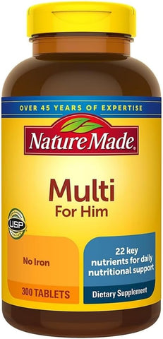 Multivitamínico Para Homens Sem Ferro, Suplemento Diário de Vitaminas para Apoio Nutricional, Multivitamínico para Homens, 300 Comprimidos, Suprimento de 300 Dias - Nature Made
