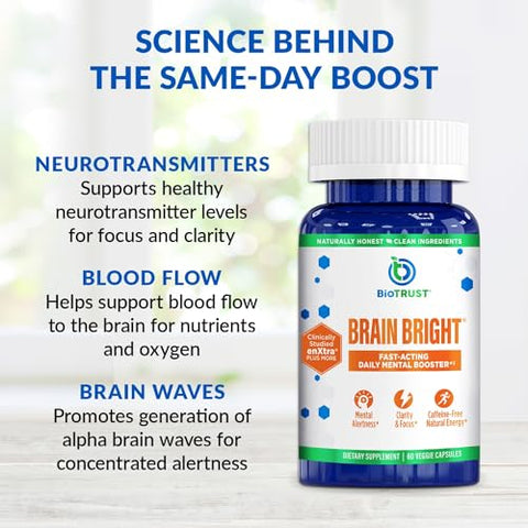 Brain Bright – Impulsionador Diário de Nootrópicos para Foco, Concentração, Clareza Mental – Suplemento de Suporte Cerebral Livre de Cafeína – Gengibre Tailandês, Ginkgo, Folate, 60 cápsulas de 500mg - BioTrust
